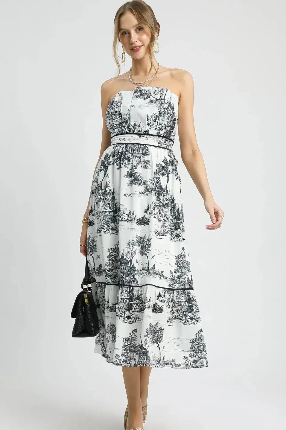 Umgee Printed Tiered Tube Midi Dress - VILLA FASHION